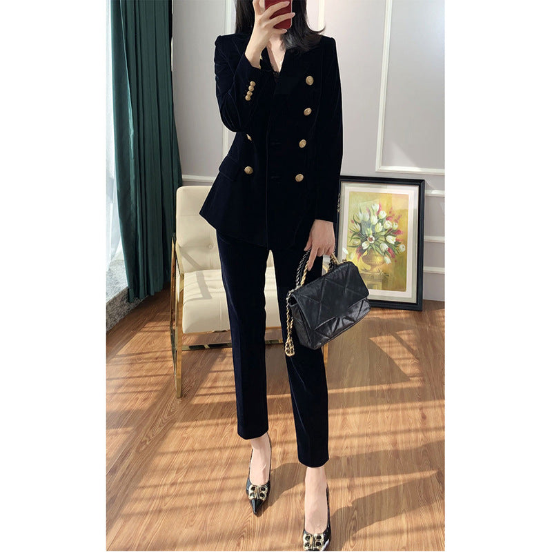 Ladies Velvet Double-Breasted Suit Set