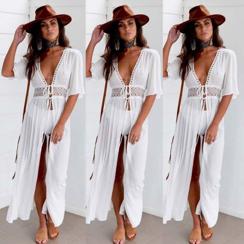 Ladies beach cover-up with deep V-neckline and exquisite neckline details