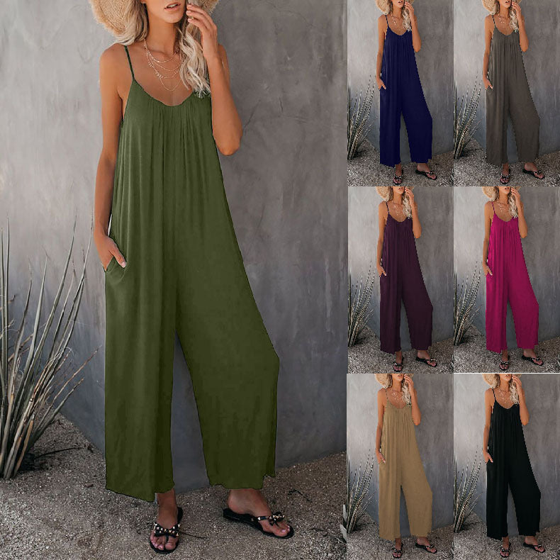 Women's Casual Jumpsuit with Wide Legs and Practical Pockets