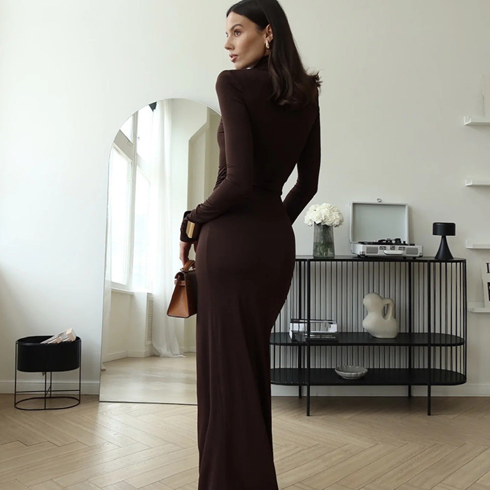 Women's Chic Maxi Dress with High Collar and Sophisticated Draping Design