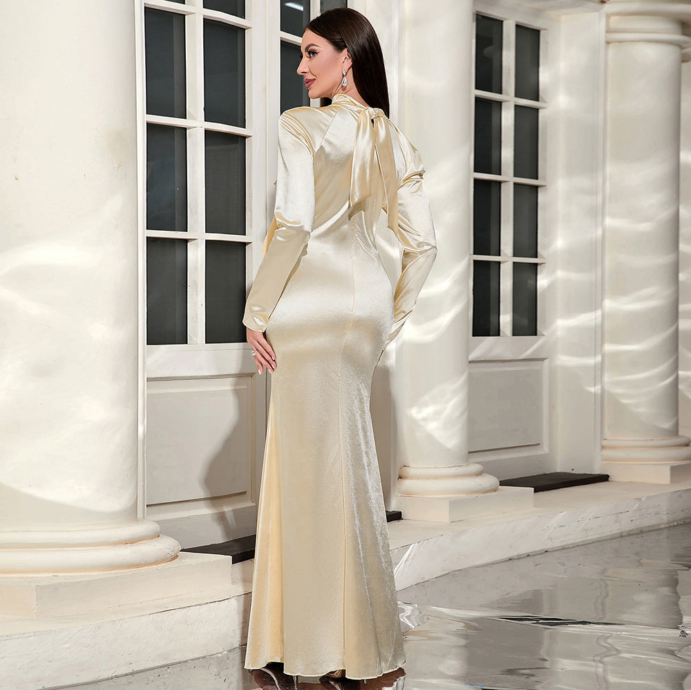 Women's Long Evening Dress with Asymmetric Ruffle and Off-Shoulder Details