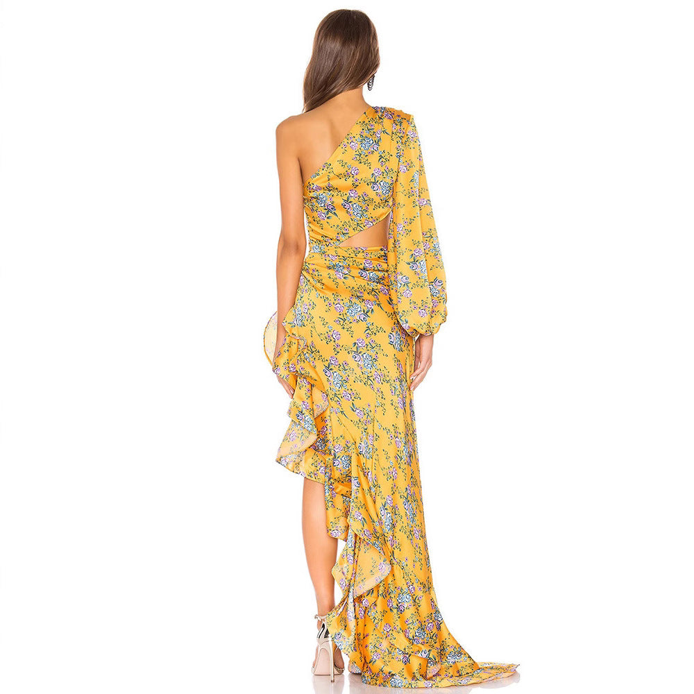 Ladies Elegant Ruffle Dress with Asymmetric Cut and Floral Design