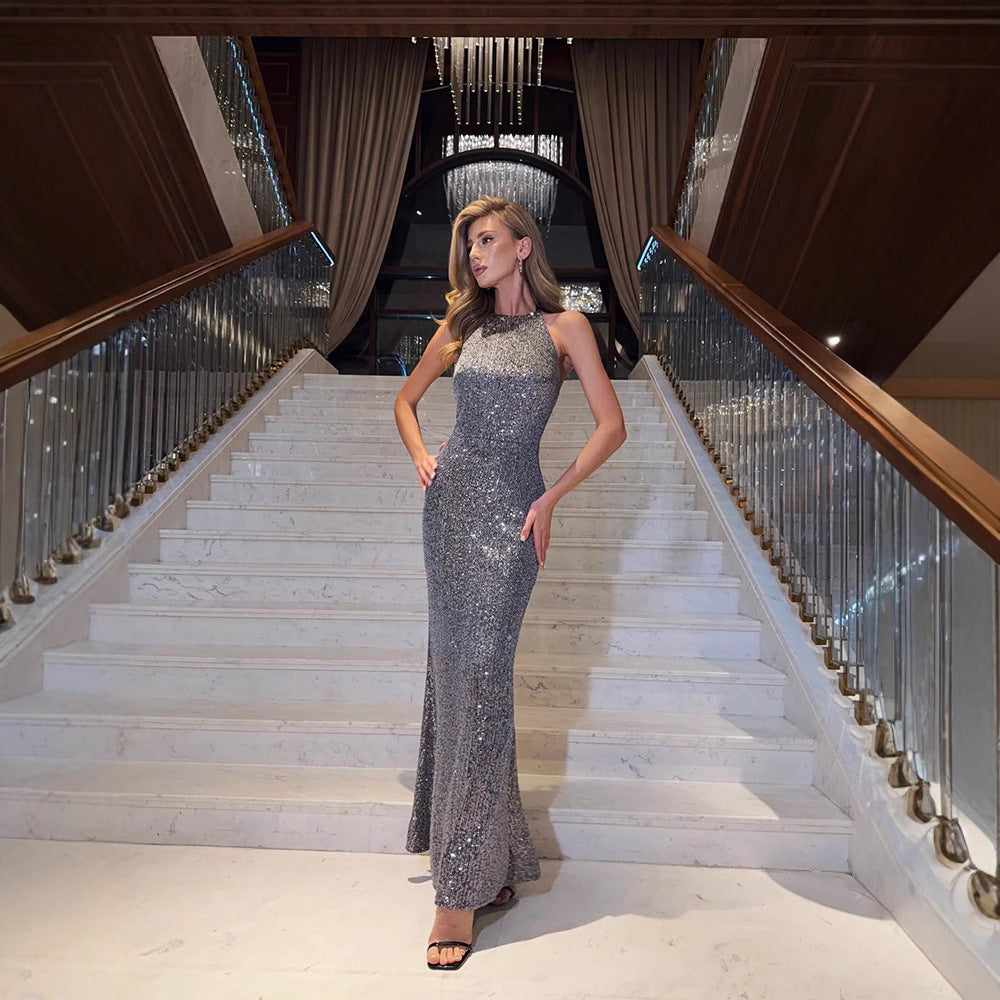 Women's glamorous evening dress with sparkling sequins and slim fit