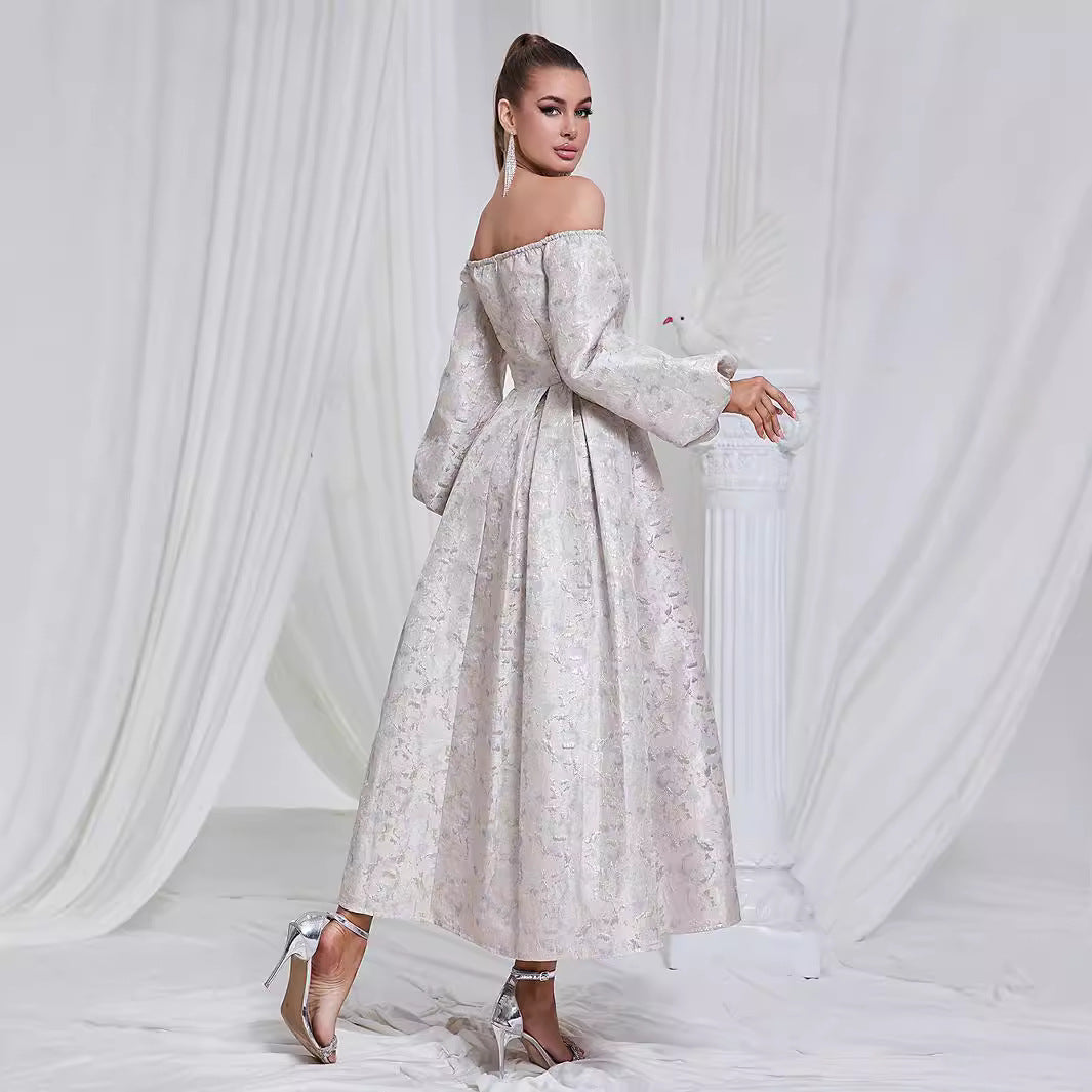 Ladies Festive Off-Shoulder Midi Dress with Voluminous Sleeves and Elegant Waist
