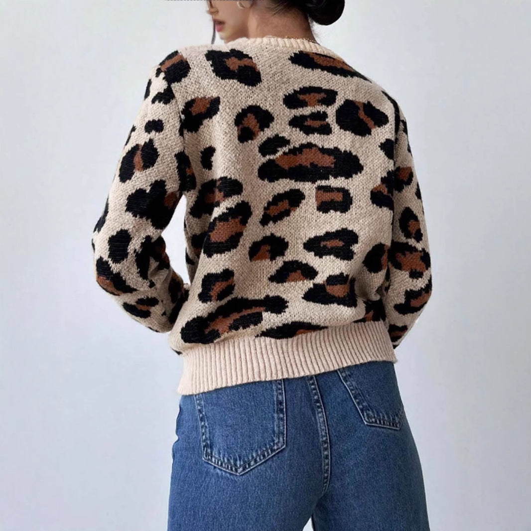 Women's cozy knit pullover with leopard pattern and dropped shoulders