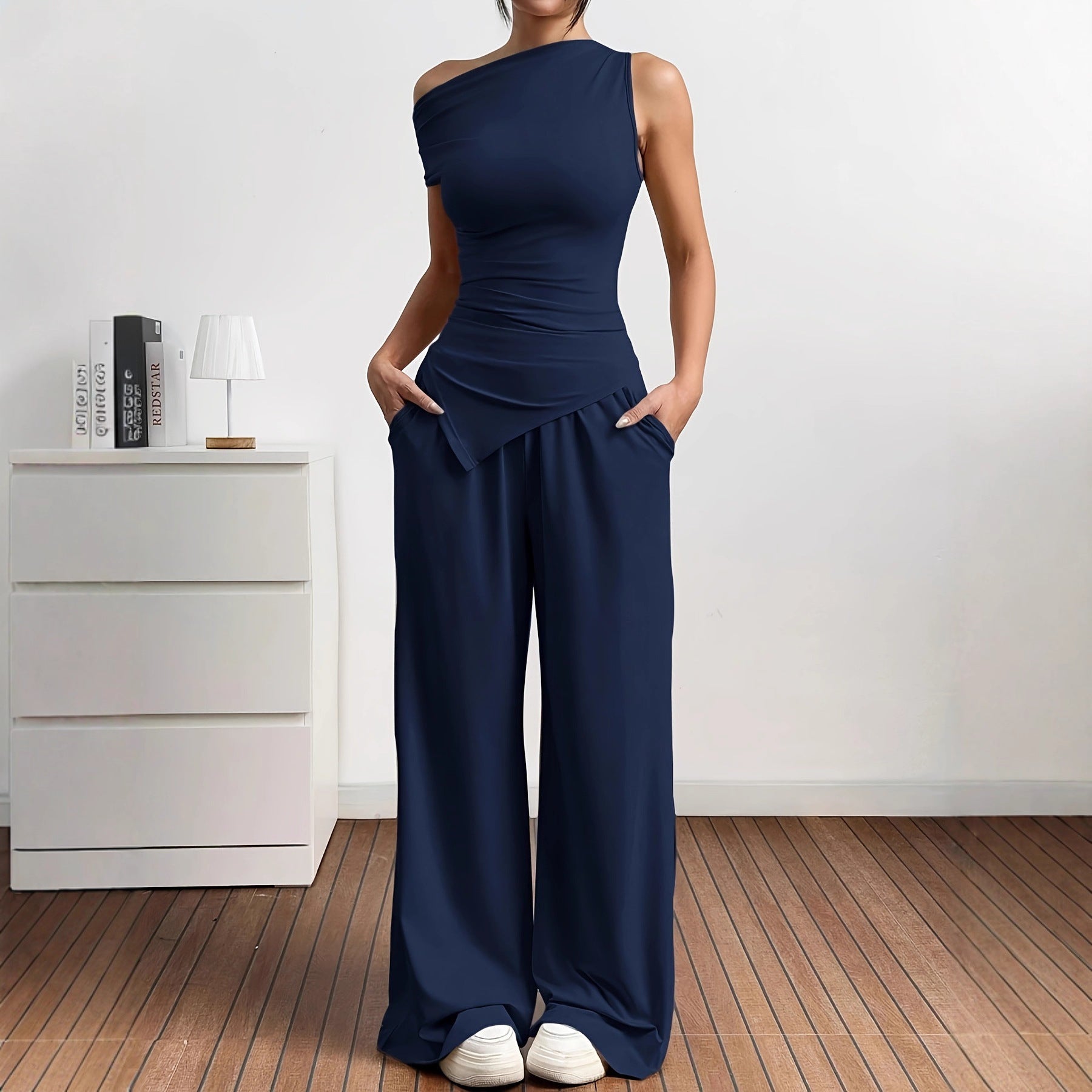 Ladies Elegant Jumpsuit Combination with Asymmetric Top and Wide Leg