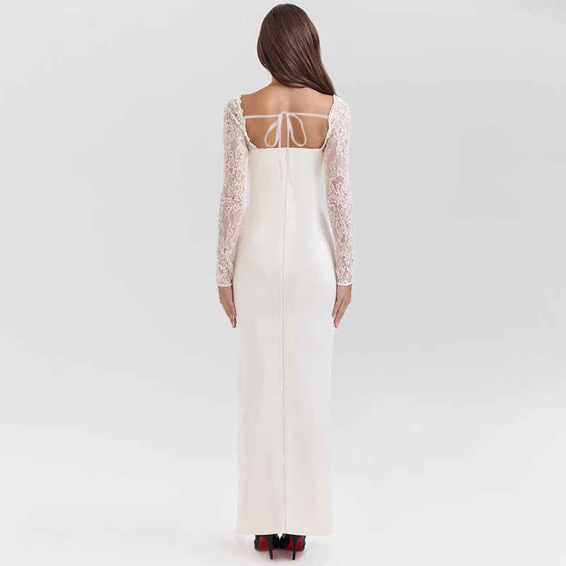 Women's High-Quality Dress with Lace Sleeves and Corset Neckline