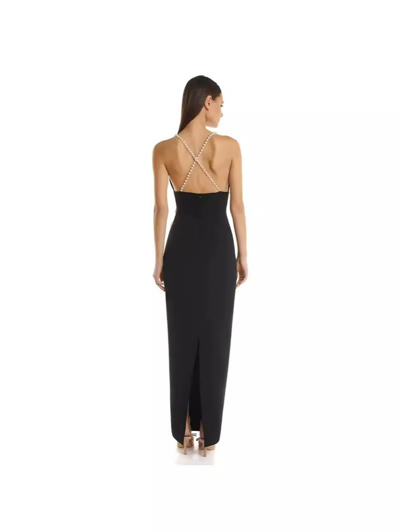 Ladies Elegant Maxi Dress with Decorative Rose Applications and Slim Cut