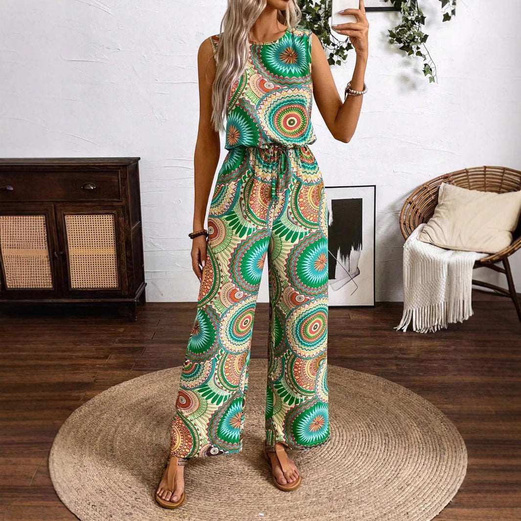 Women's casual jumpsuit with striking pattern detail and elastic waistband