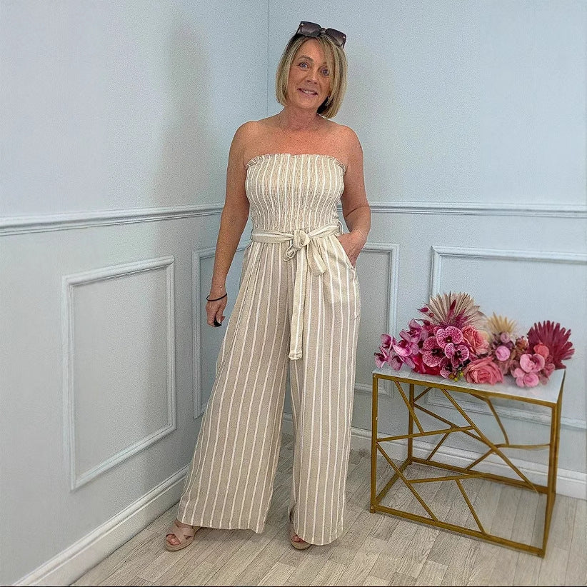 Women's Bandeau Jumpsuit with Wide Leg and Tie Belt