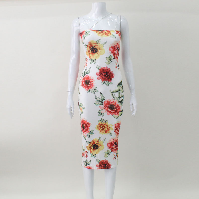 Ladies Elegant Floral Pattern Evening Dress with Sophisticated Ruffle Details