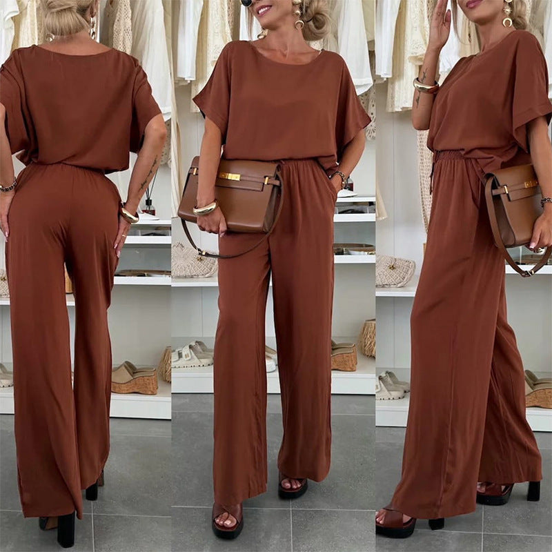 Women Casual Jumpsuit with Wide Leg and Waist Drawstring