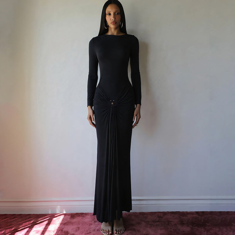 Ladies Elegant Long Sleeve Dress with Refined Draping and Jewelry Detail