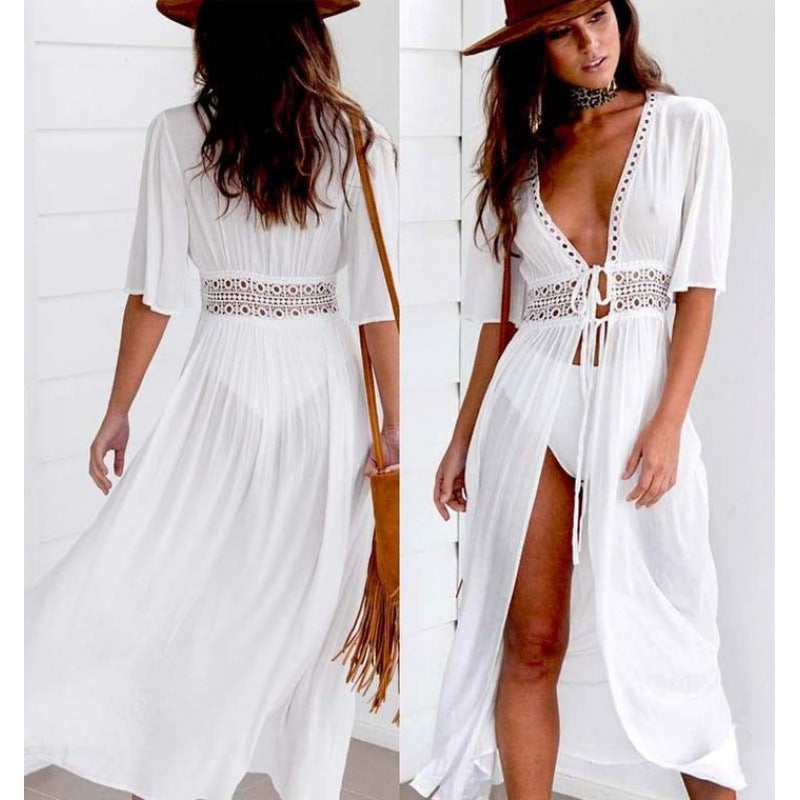 Ladies beach cover-up with deep V-neckline and exquisite neckline details