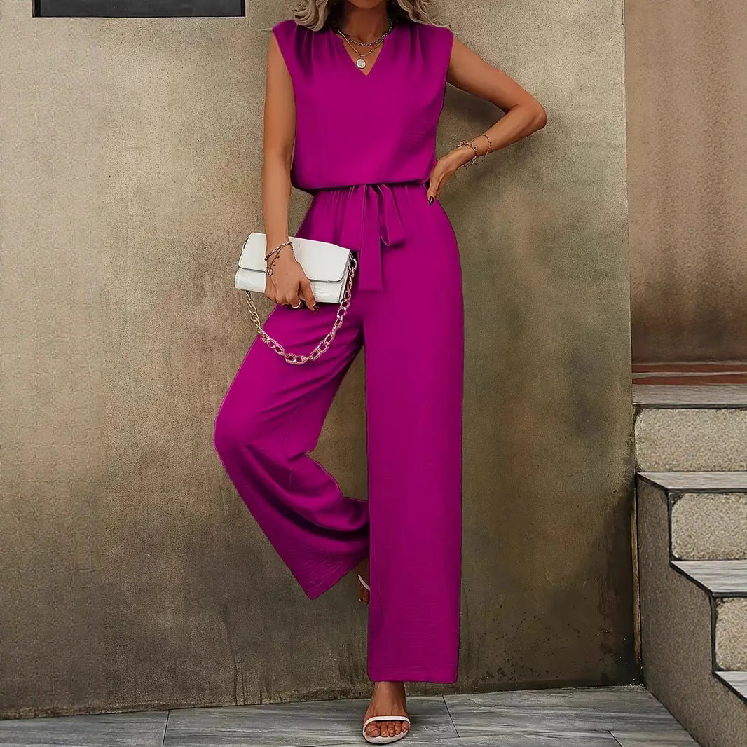 Women's Elegant Jumpsuit with V-Neck and Waist Knot