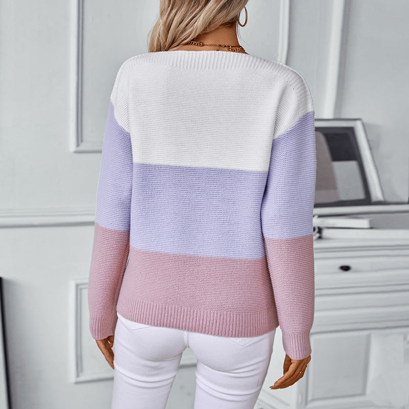 Women's fashionable knitted pullover with decorative button details and block stripes