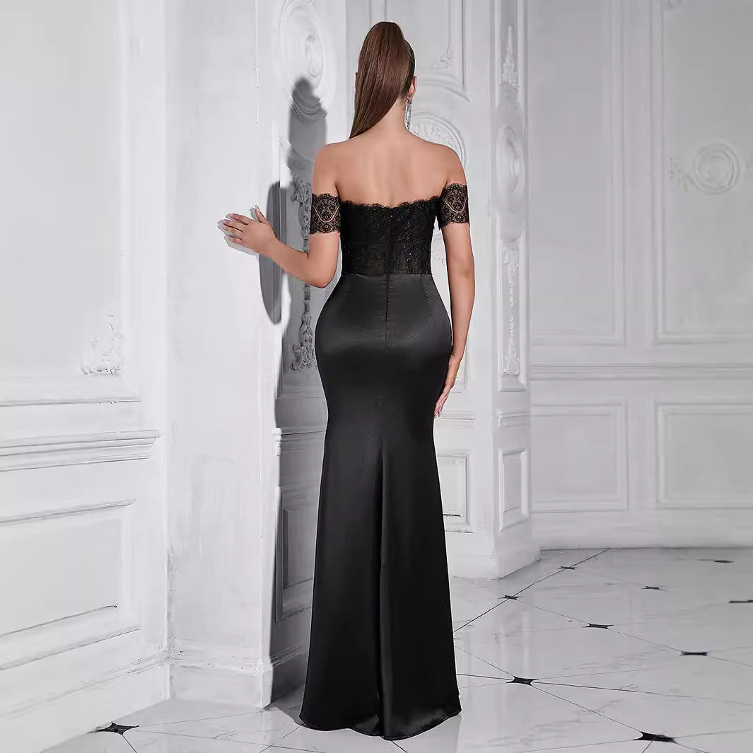 Women's Off-Shoulder Evening Dress with Lace Top and Bodycon Design