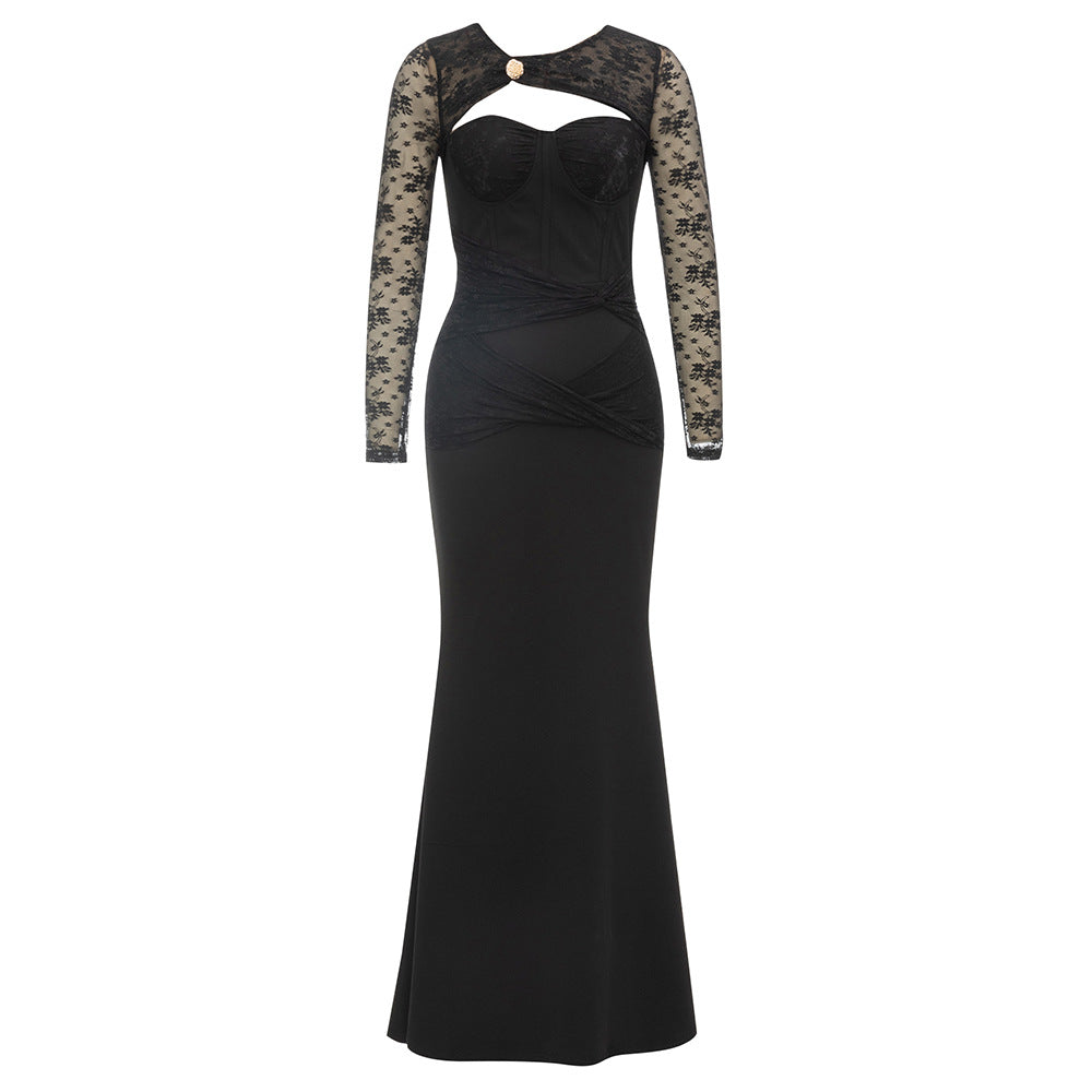Women's Elegant Evening Dress with Deep Heart Neckline and Transparent Sleeve Accents