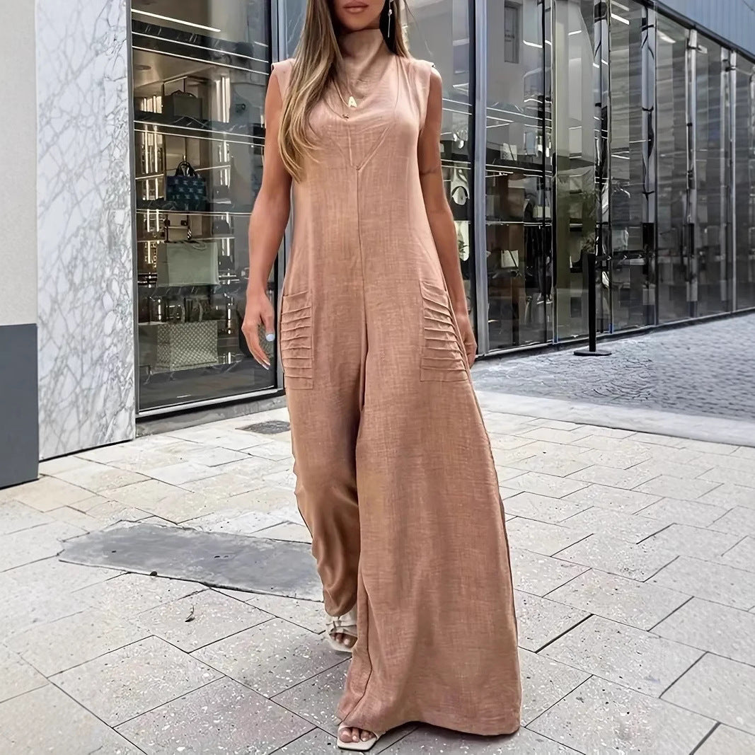Ladies' airy maxi jumpsuit with decorative pleats and side pockets