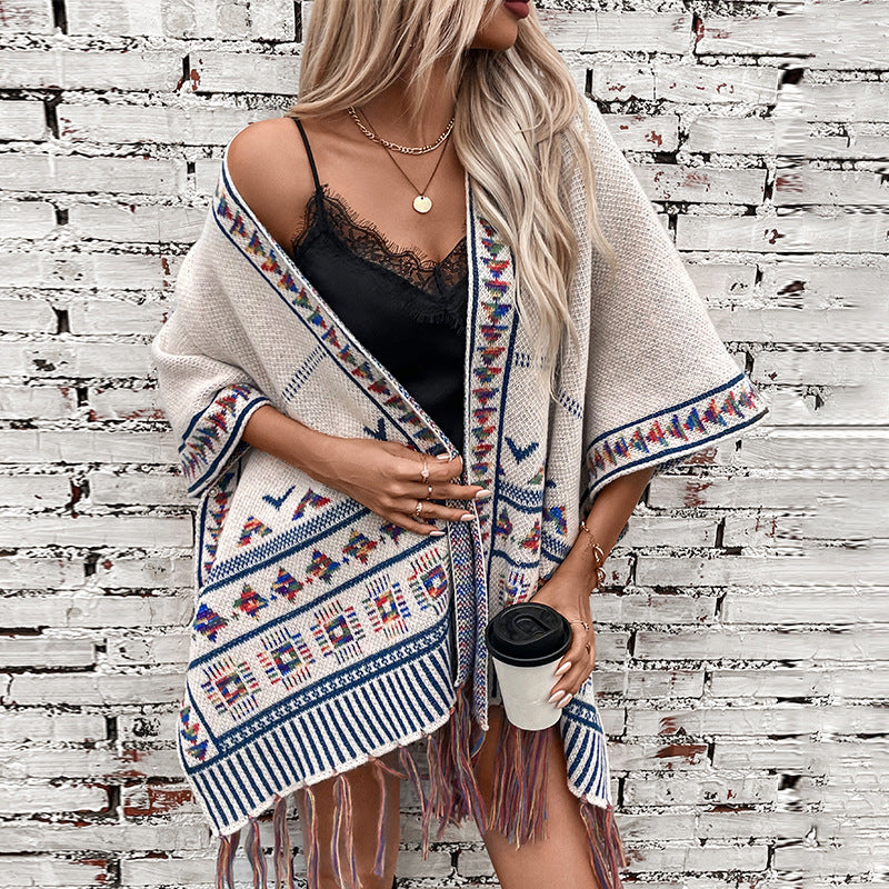 Women's stylish poncho with colorful ethnic pattern