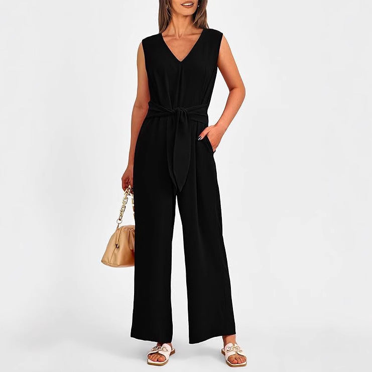 Women's Elegant Jumpsuit with V-Neck and Tailored Tie Belt