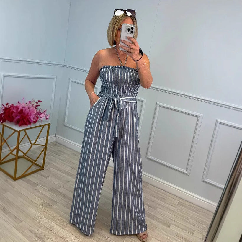 Women's Bandeau Jumpsuit with Wide Leg and Tie Belt