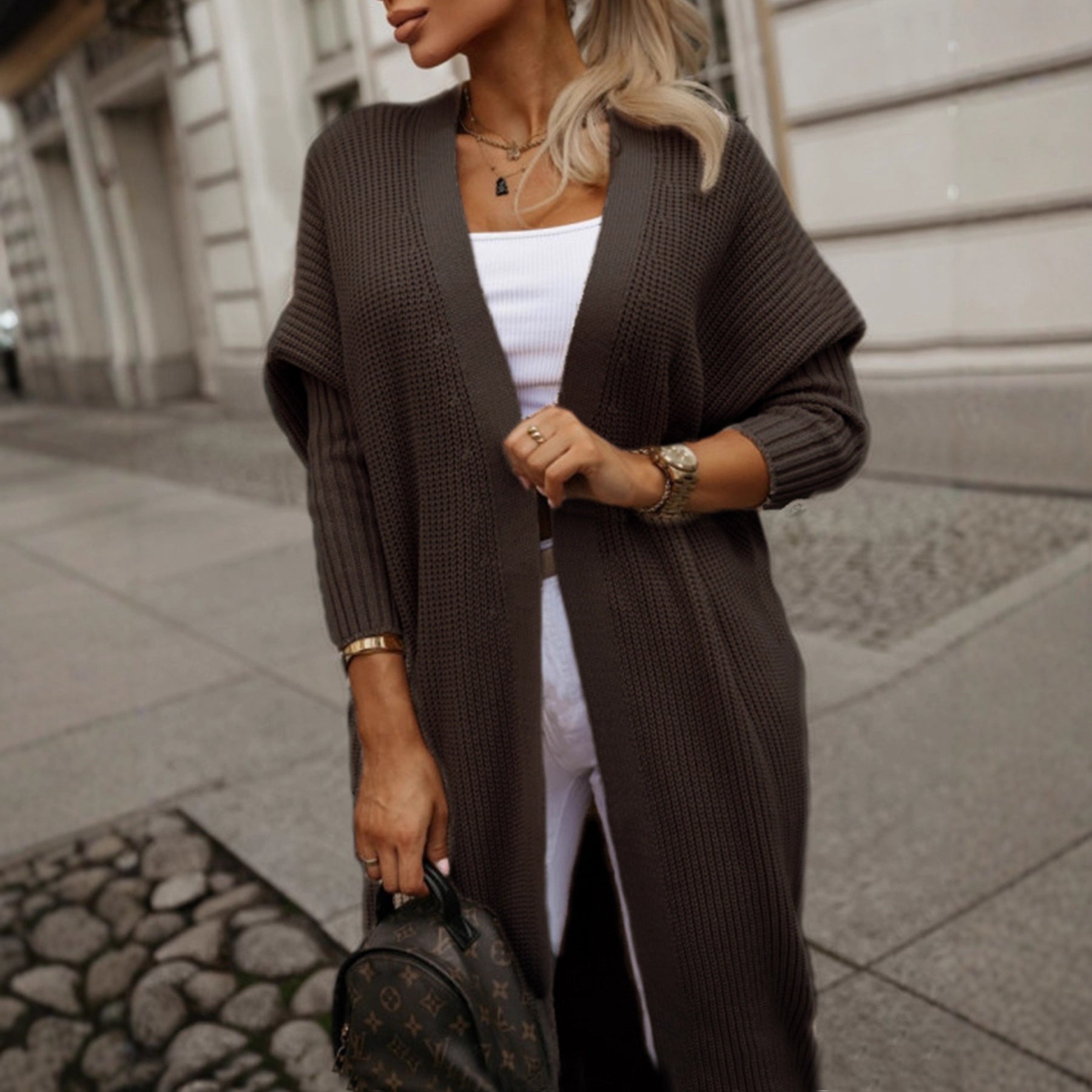 Women’s fashionable long sleeve cardigan with open cut and waffle pattern