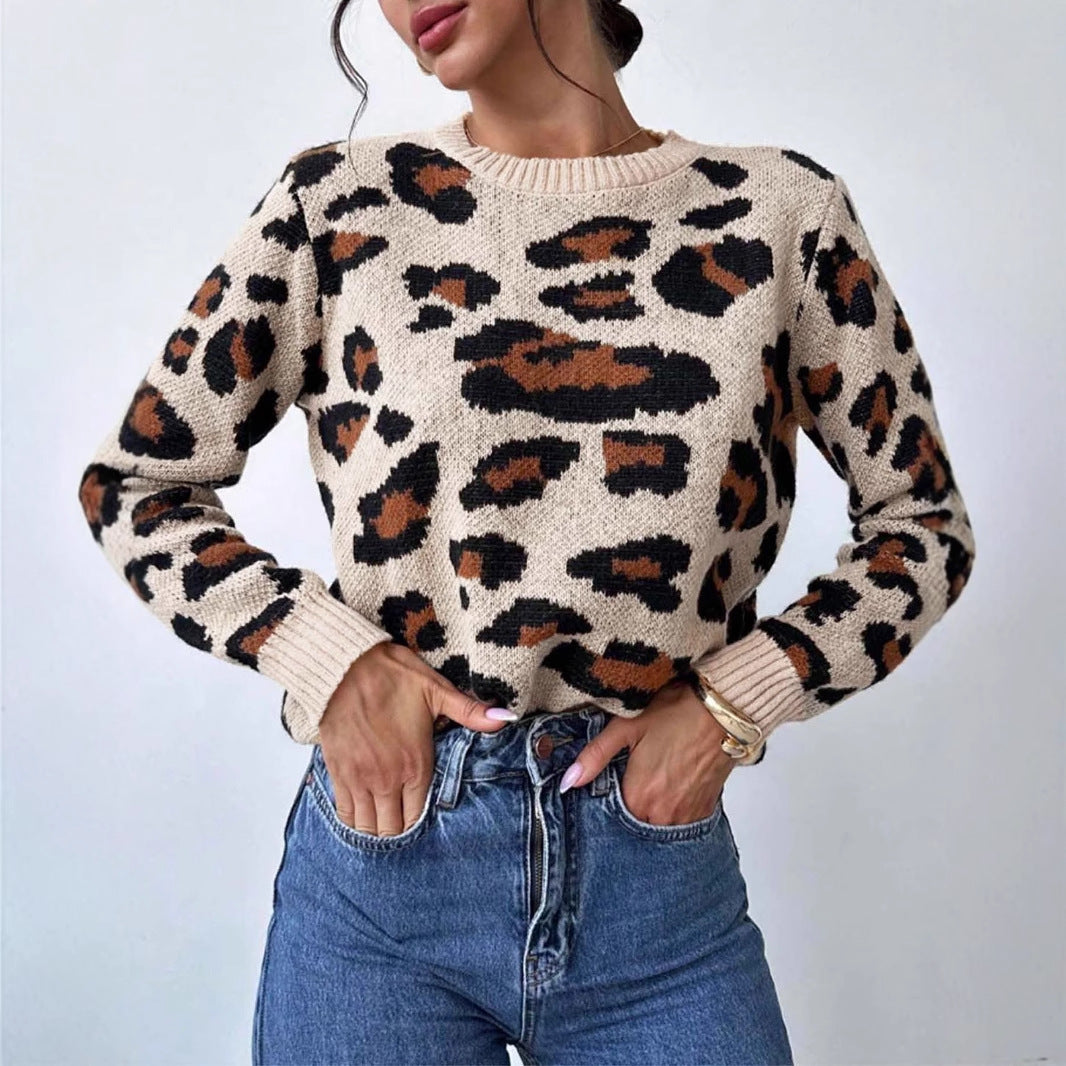 Women's cozy knit pullover with leopard pattern and dropped shoulders
