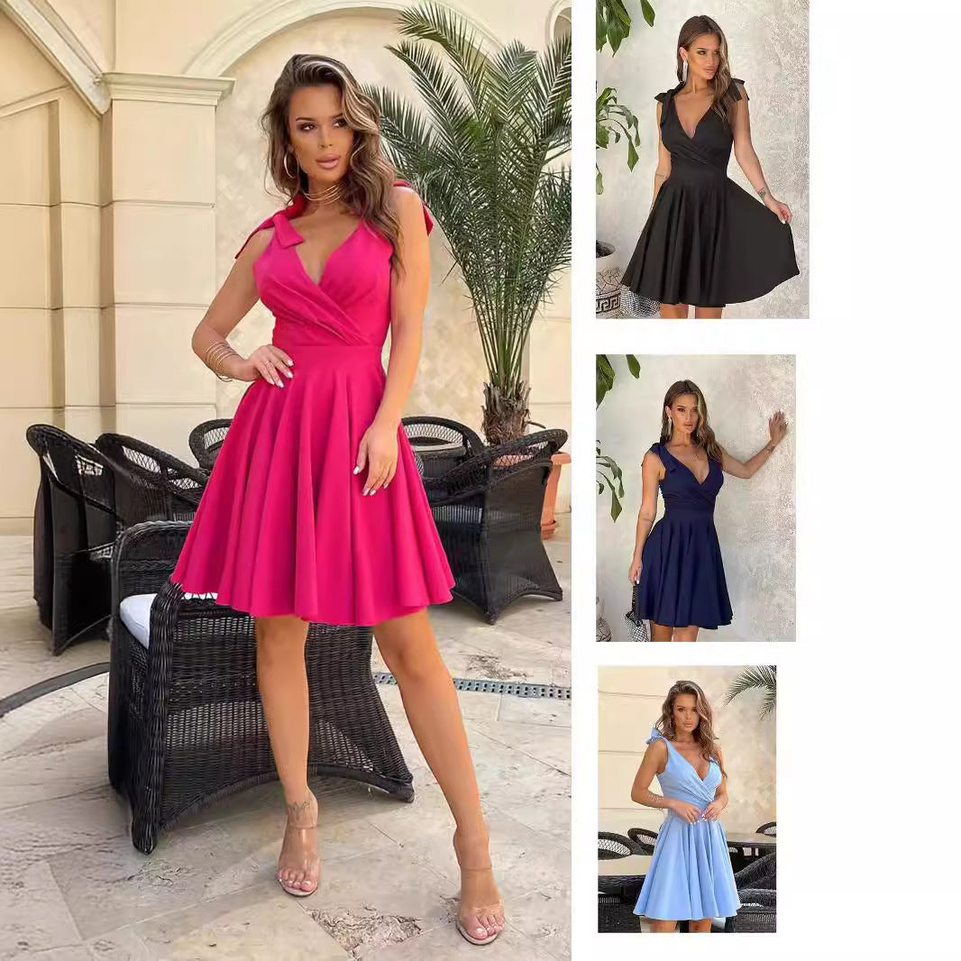 Sleeveless Solid Deep V-neck Mini Dress