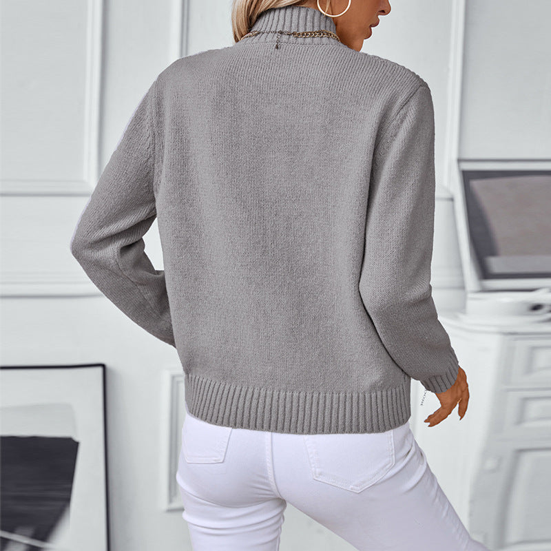 Ladies fashionable knitted pullover with high collar and V-design