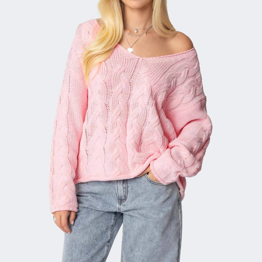 Women's chunky knit pullover with deep V-neck and casual silhouette