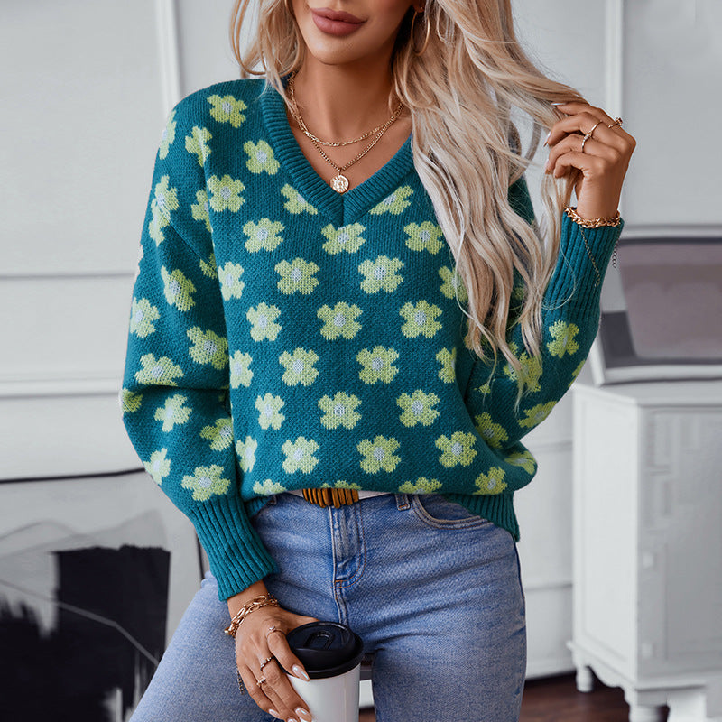Women's knit pullover with floral pattern and V-neck