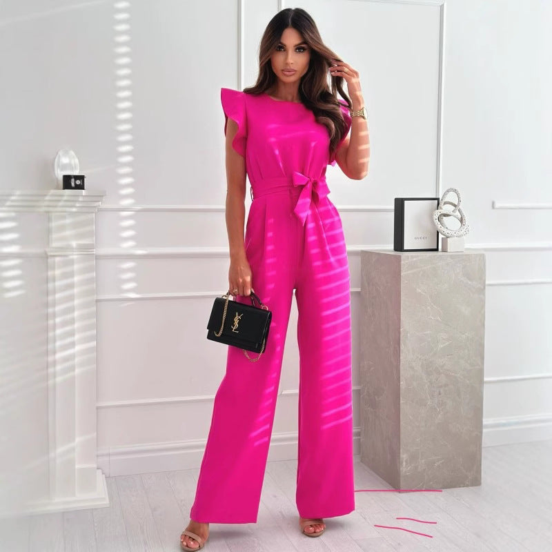 Women's jumpsuit with waist belt and elegant ruffle details