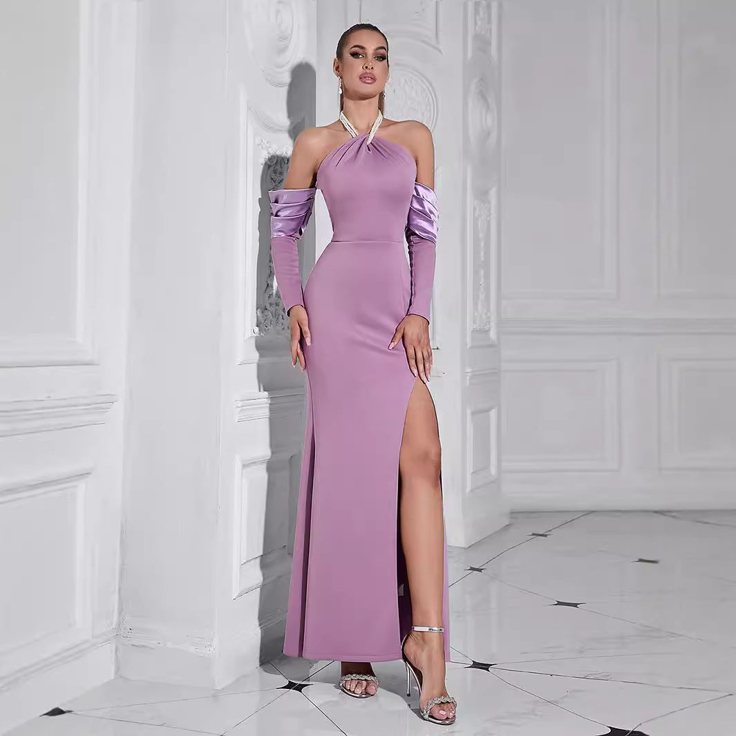 Women's Elegant Evening Dress with Asymmetrical Strap and Chic Slit