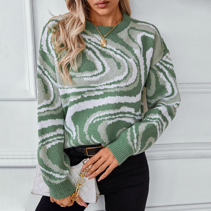 Women's patterned knitted pullover with modern wave pattern and round neck