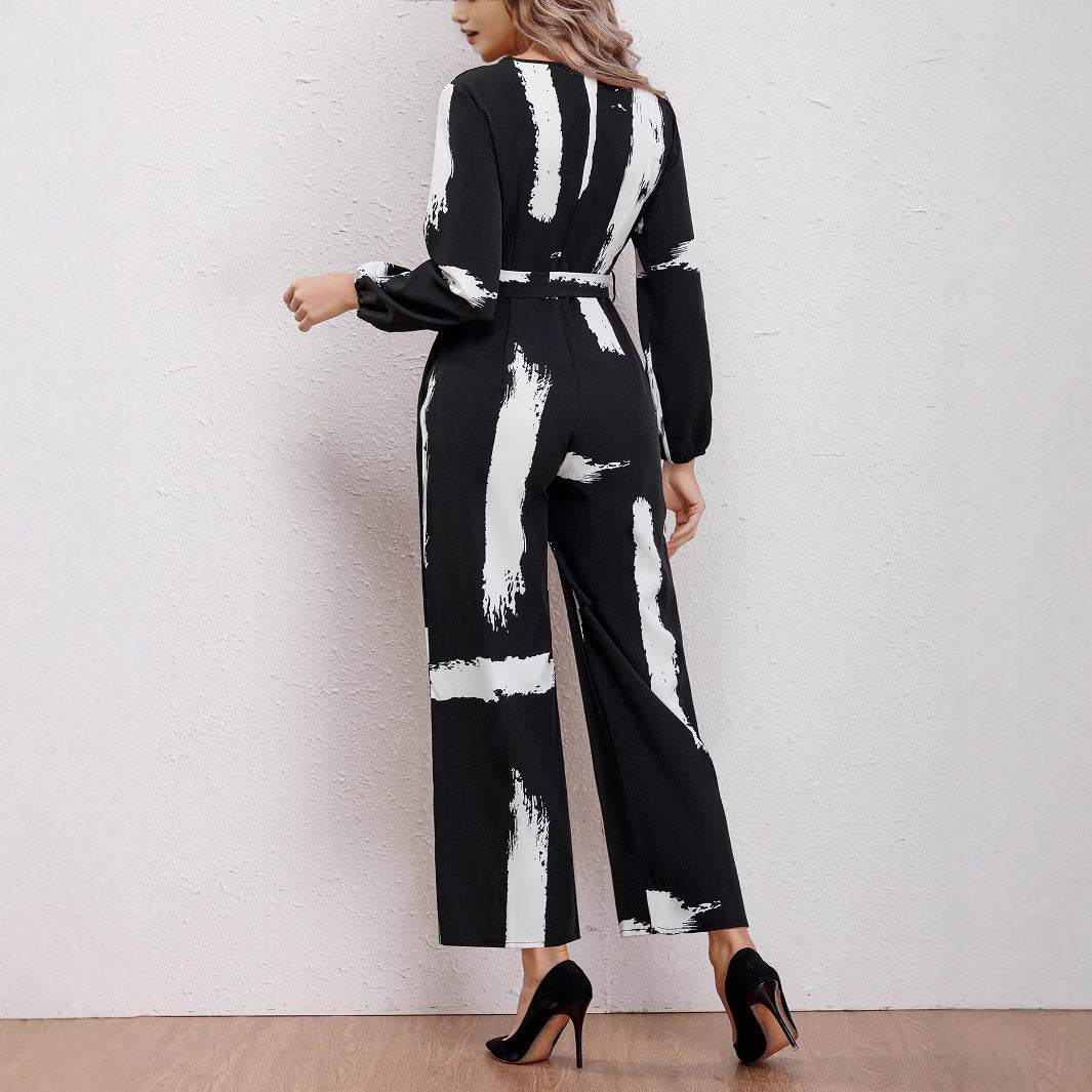 Ladies jumpsuit with modern brushstroke design and belt