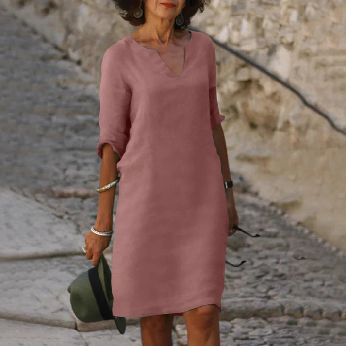 Elegant Summer Dress Made of Linen With V-neck