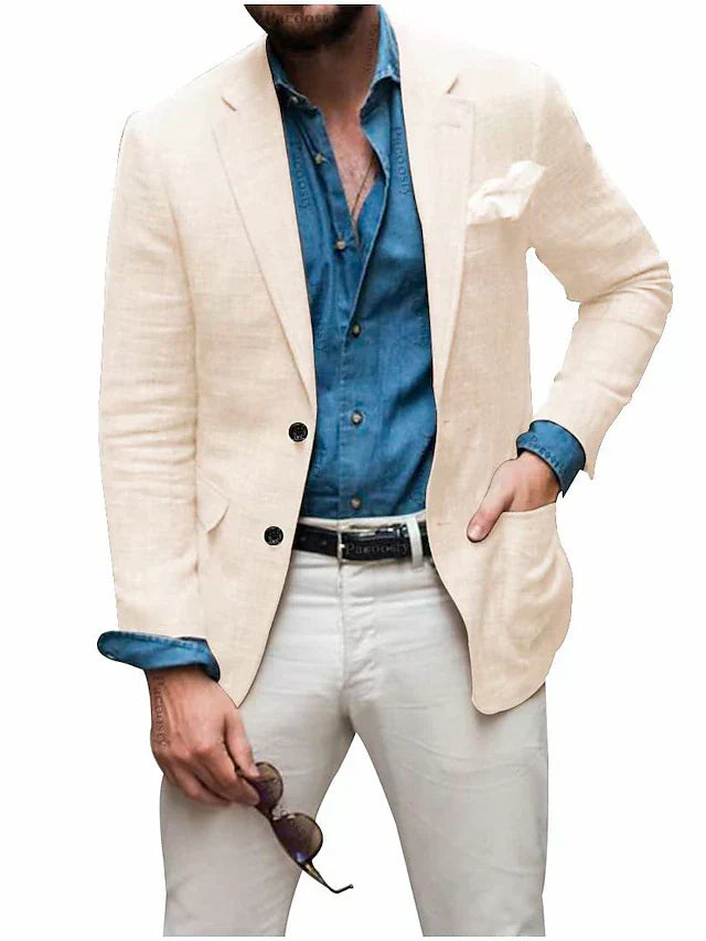 Men's Linen Blazer Beach Wedding Casual Tailored Fit Solid Color Single Breasted Two Buttons
