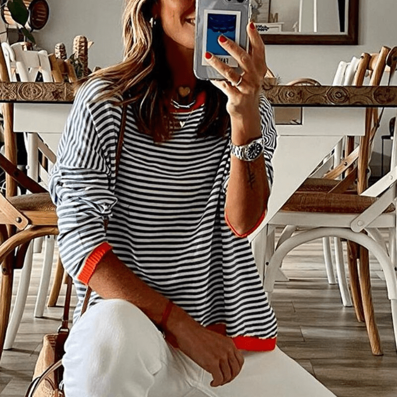 Lysse | Lavigne - Blue Striped Sweater With Orange Trim - Lysse - heidimode20250703