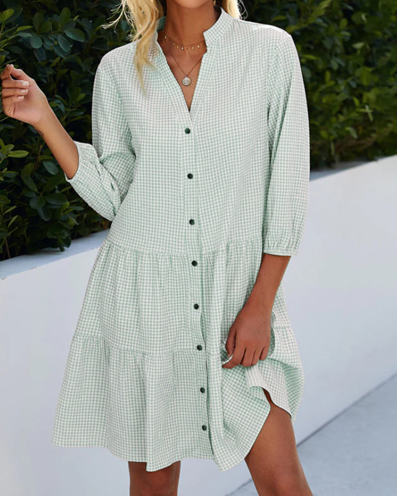 Checked A-Line Dress With Button Placket For Womenresembles A Shirt Dress