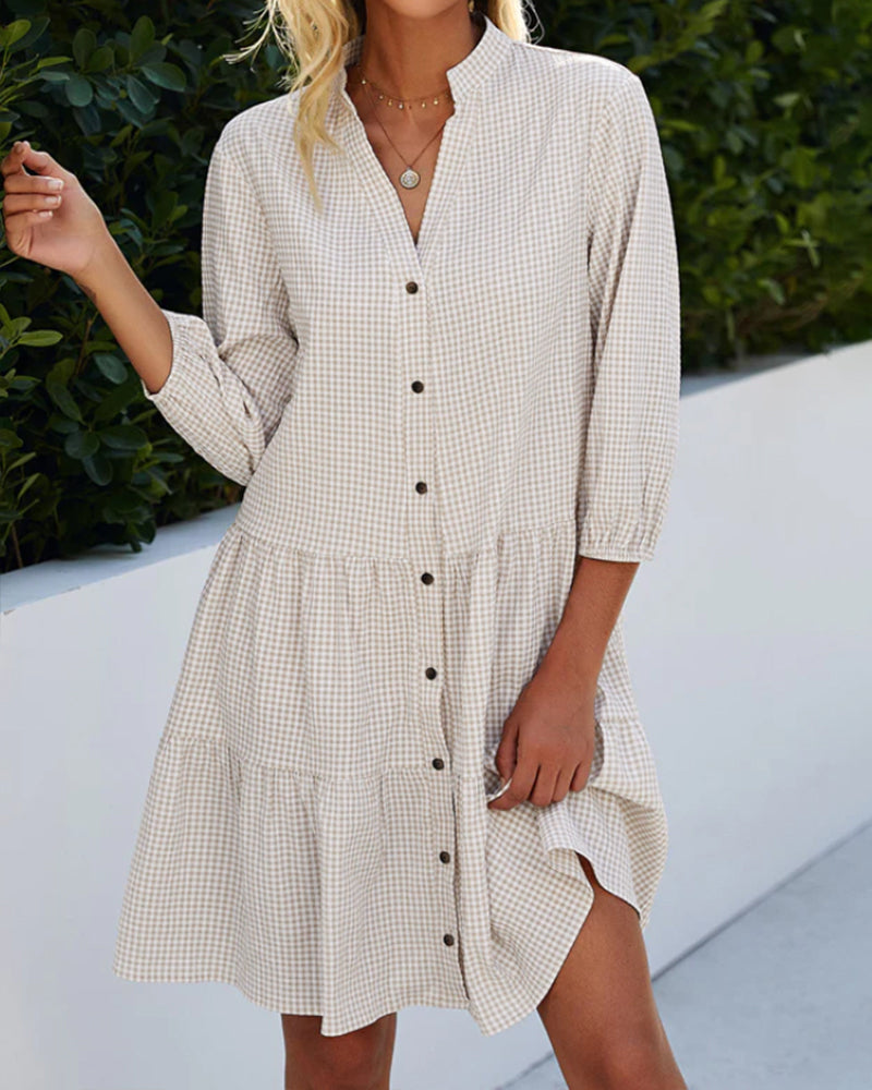 Checked A-Line Dress With Button Placket For Womenresembles A Shirt Dress