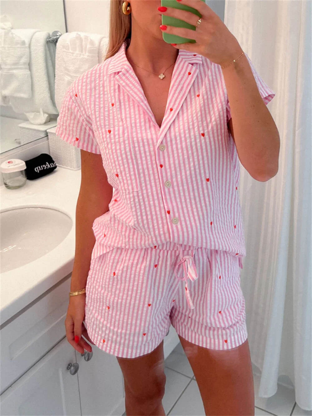 Two-piece Pajama Set With Button Placket Shirt and Shorts With Elastic Waist
