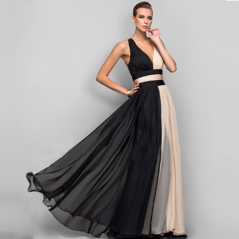 Women's Elegant Maxi Dress with Asymmetrical Design and Deep V Neck
