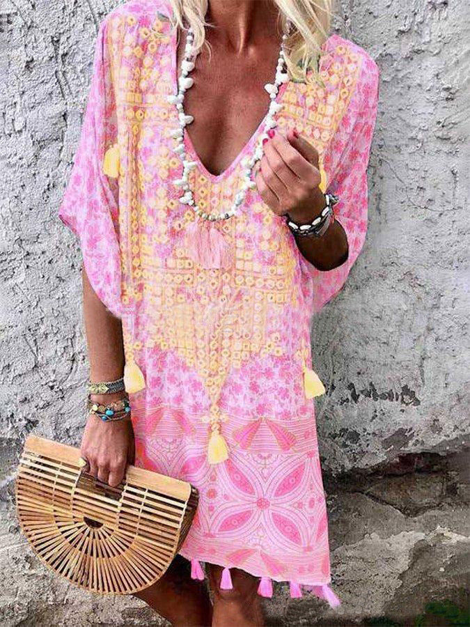 Women Boho-Chic Kaftan with V-neck and Tassel Details