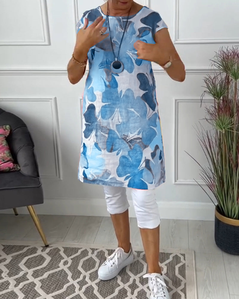 Casual Longtop with Colorful Floral Print
