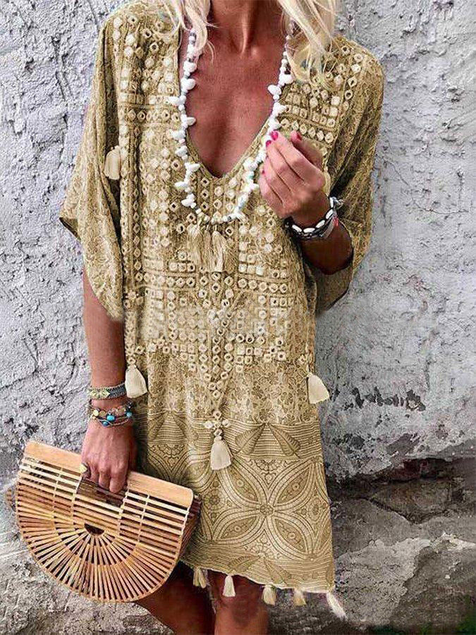 Women Boho-Chic Kaftan with V-neck and Tassel Details