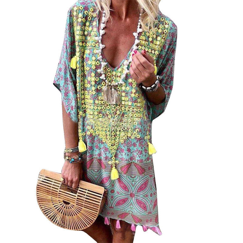 Women Boho-Chic Kaftan with V-neck and Tassel Details