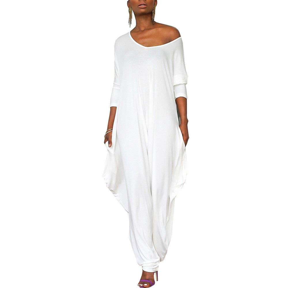 Women's Oversized Jumpsuit with Deep V-Neck and Casual Fit