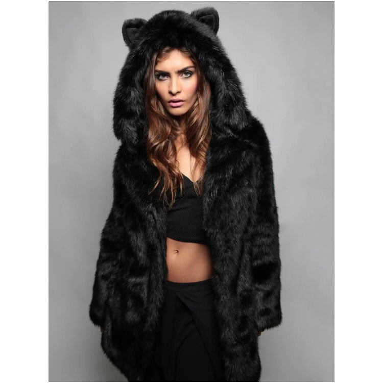 Ladies Cozy Fur Coat with Hood and Cat Ears