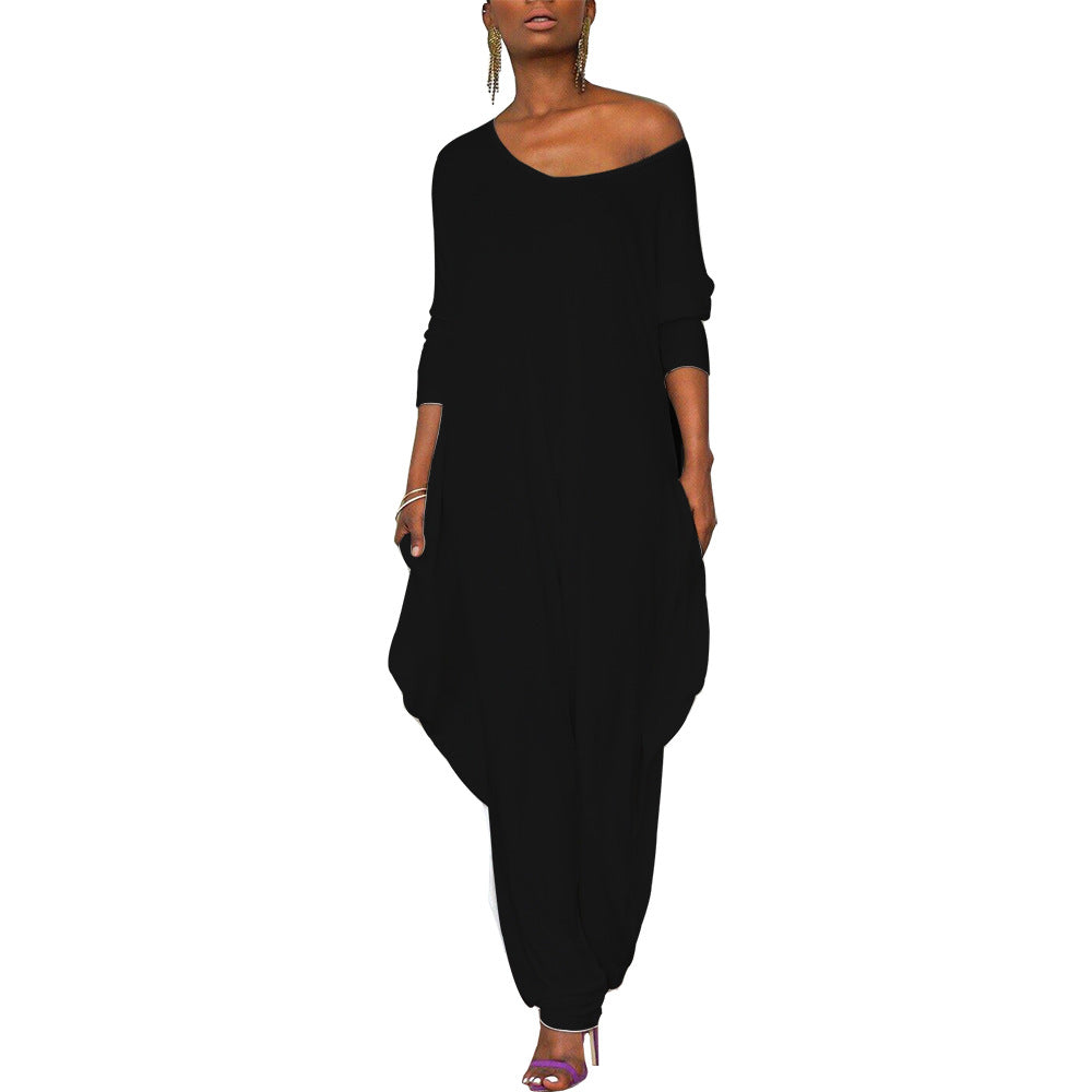 Women's Oversized Jumpsuit with Deep V-Neck and Casual Fit